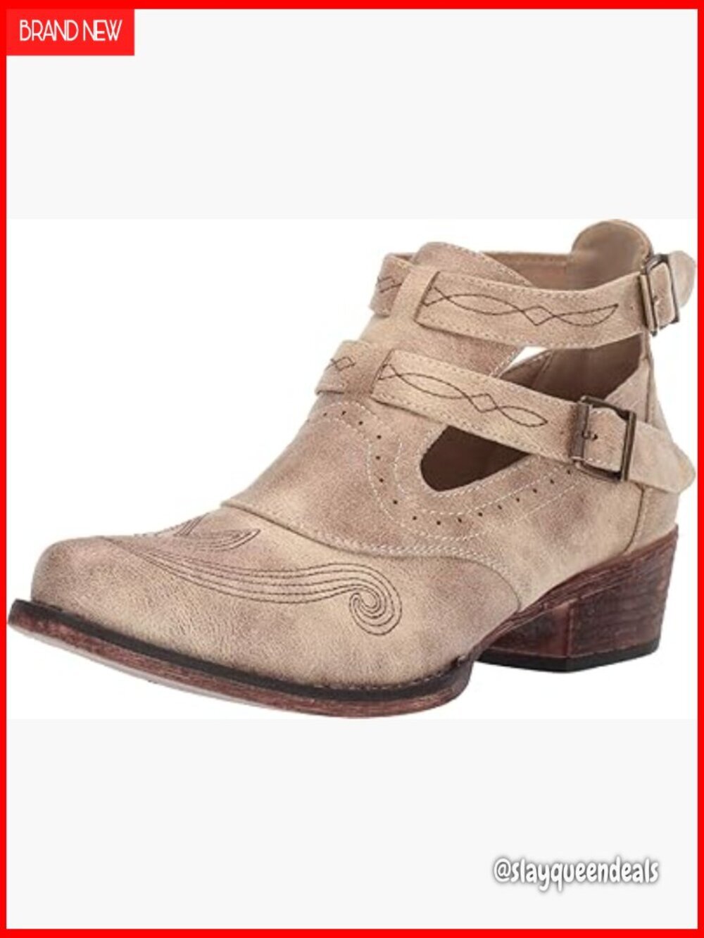 Snip Toe Ankle Boots with Embroidery, Adjustable Buckle Straps, Low Heel